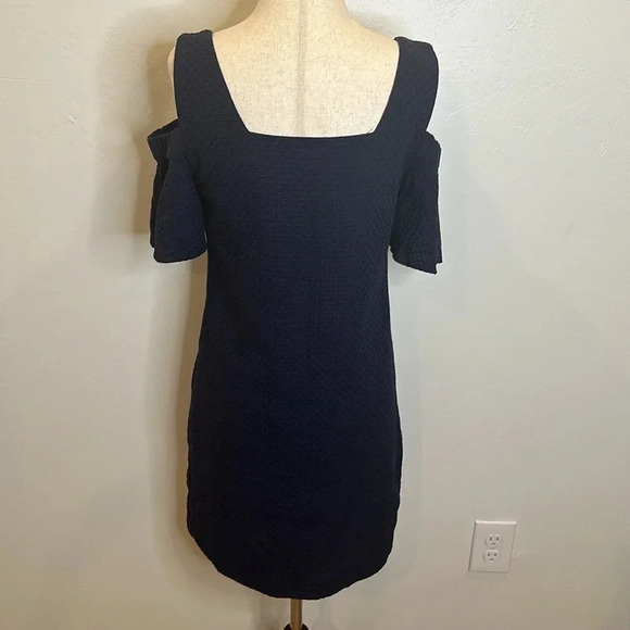 JCREW NAVY BLUE WOVEN TEXTURED COLD SHOULDER DRESS SIDE ZIP - Picture 6 of 10